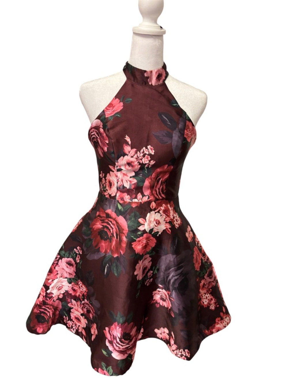 My Michelle One-Shoulder Floral Fit-and-Flare Dress in Burgundy and Pink